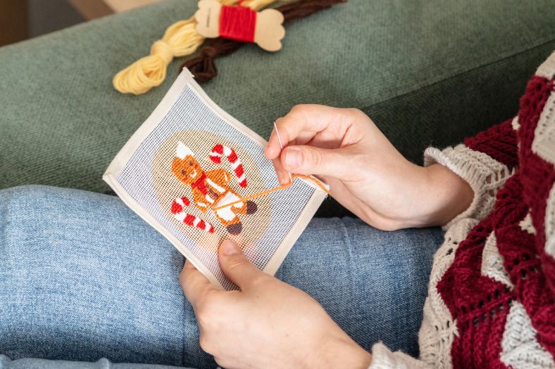 Gingerbread boy needlepoint ornament by Unwind Studio