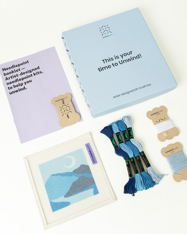 Blue River Coaster- canva, threads, booklet, needles and packaging