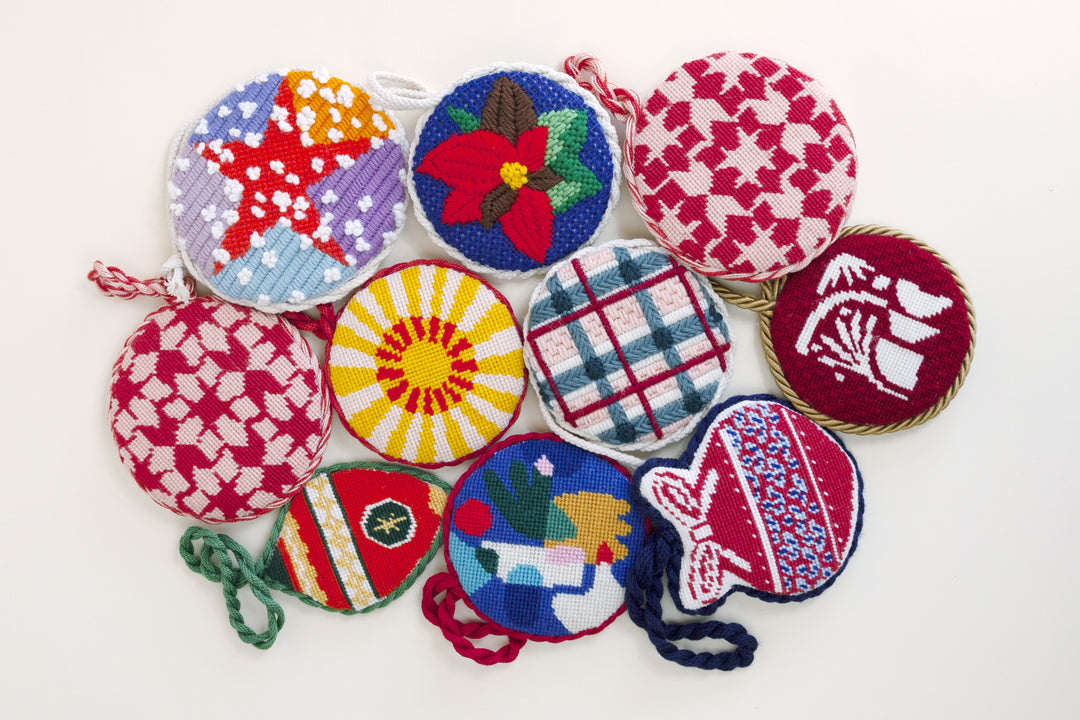 Stitch guides for Christmas needlepoint ornaments by Unwind Studio