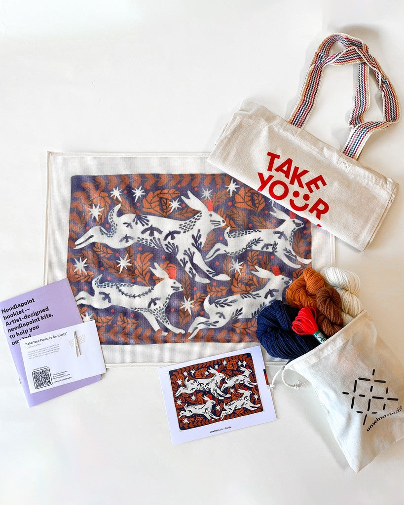 Hares running in the Night Needlepoint Cushion Kit by Unwind Studio