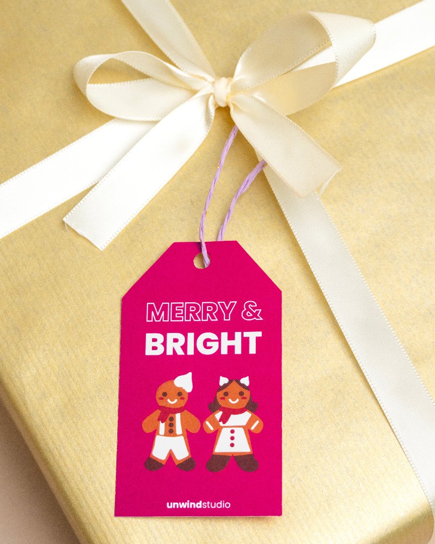 Gift Tag "Merry & Bright" on a present