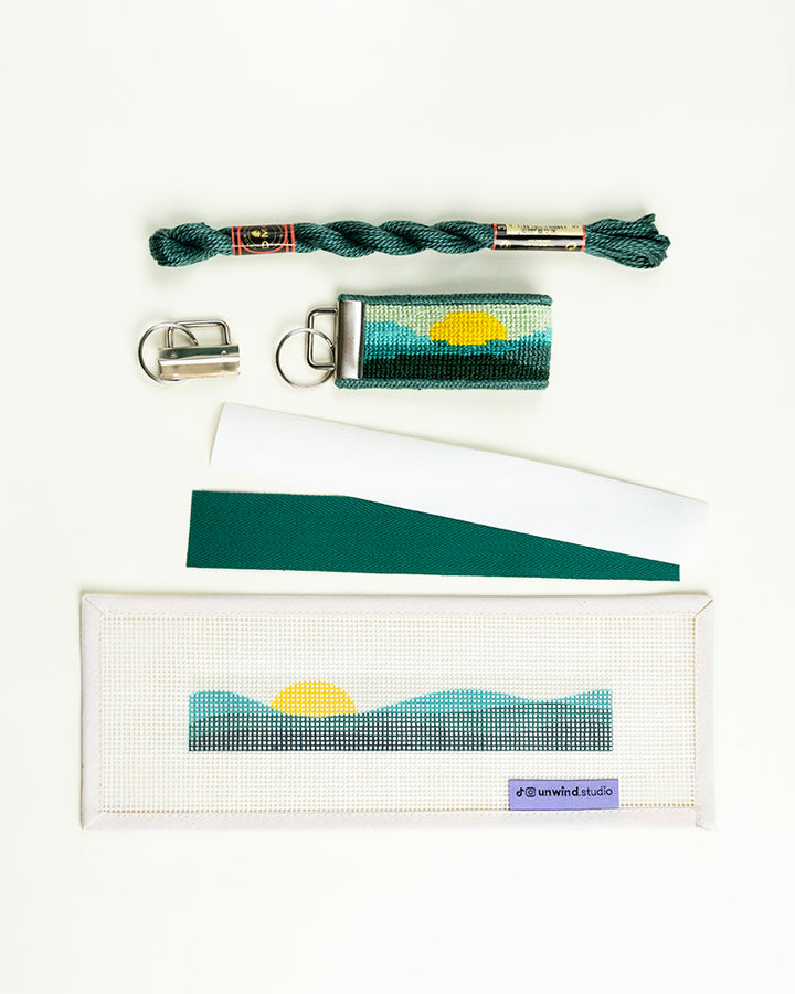 Green Mountain Needlepoint Starter Kit Keyfob- canva and threads and finishing materials