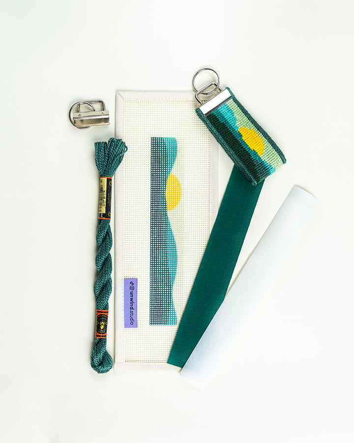 Green Mountain Needlepoint Starter Kit Keyfob- canva and finishing materials, finished project for demonstration