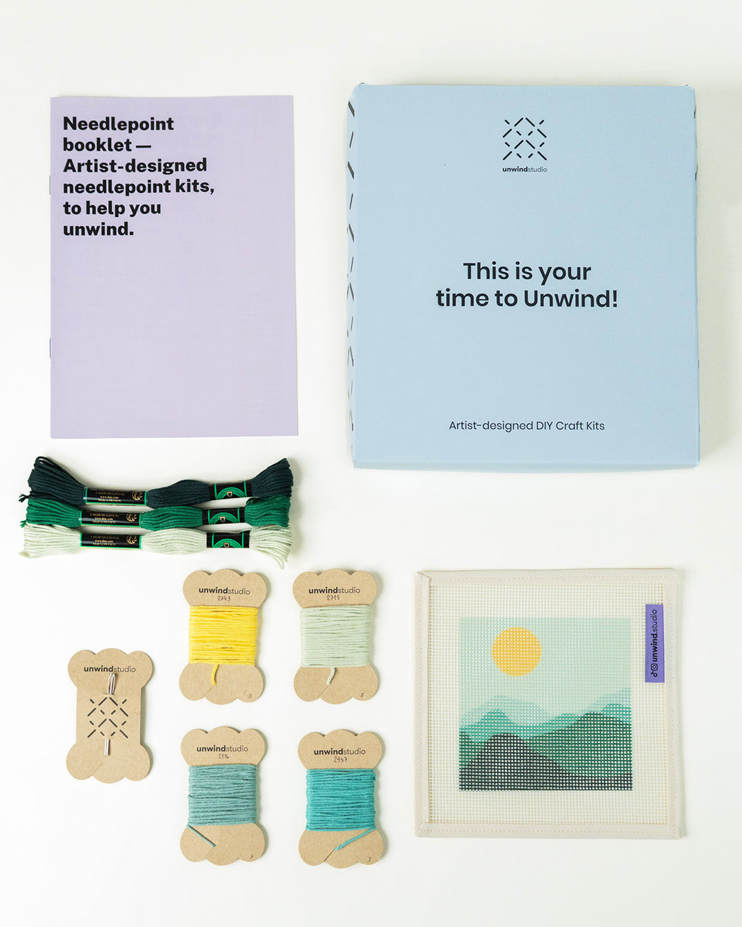 Green Mountains Coaster- canva, threads, needles, booklet and packaging