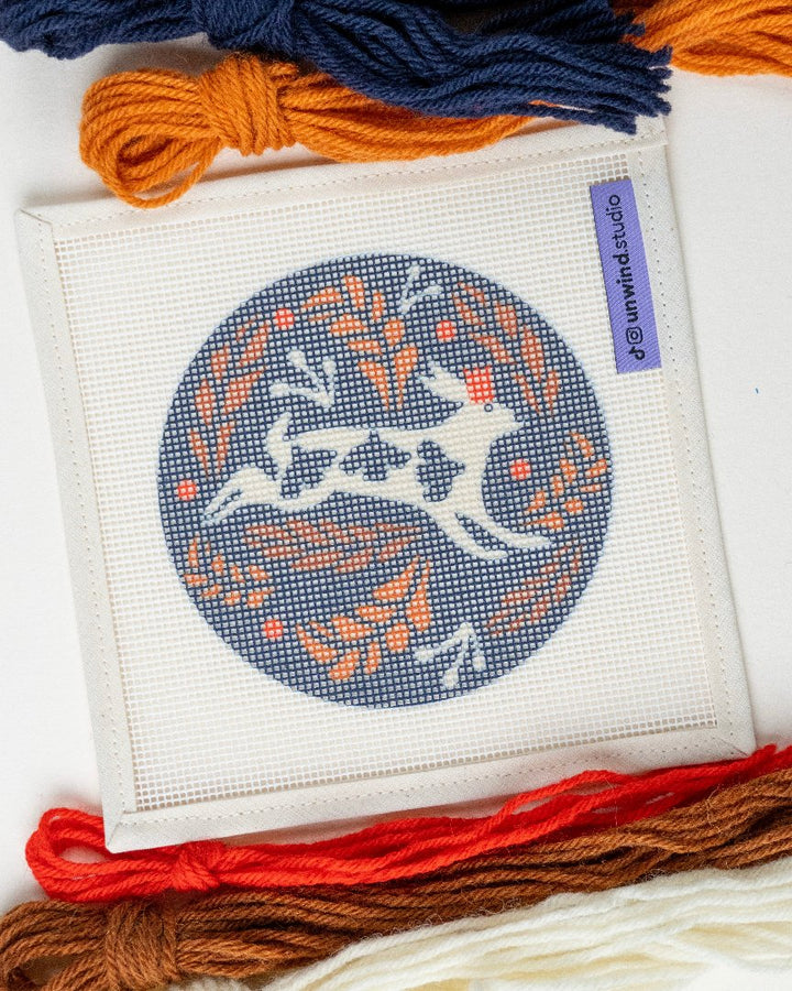 Hares running in the Night Needlepoint Ornament-canva and threads