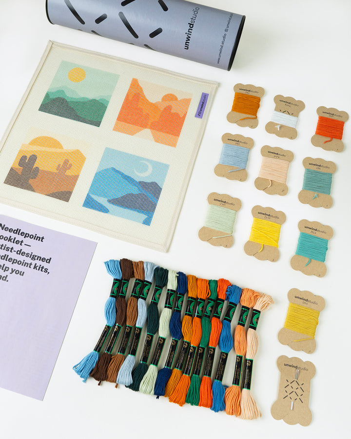 Set of our landscape coasters_ Canva and threads, booklet and packaging