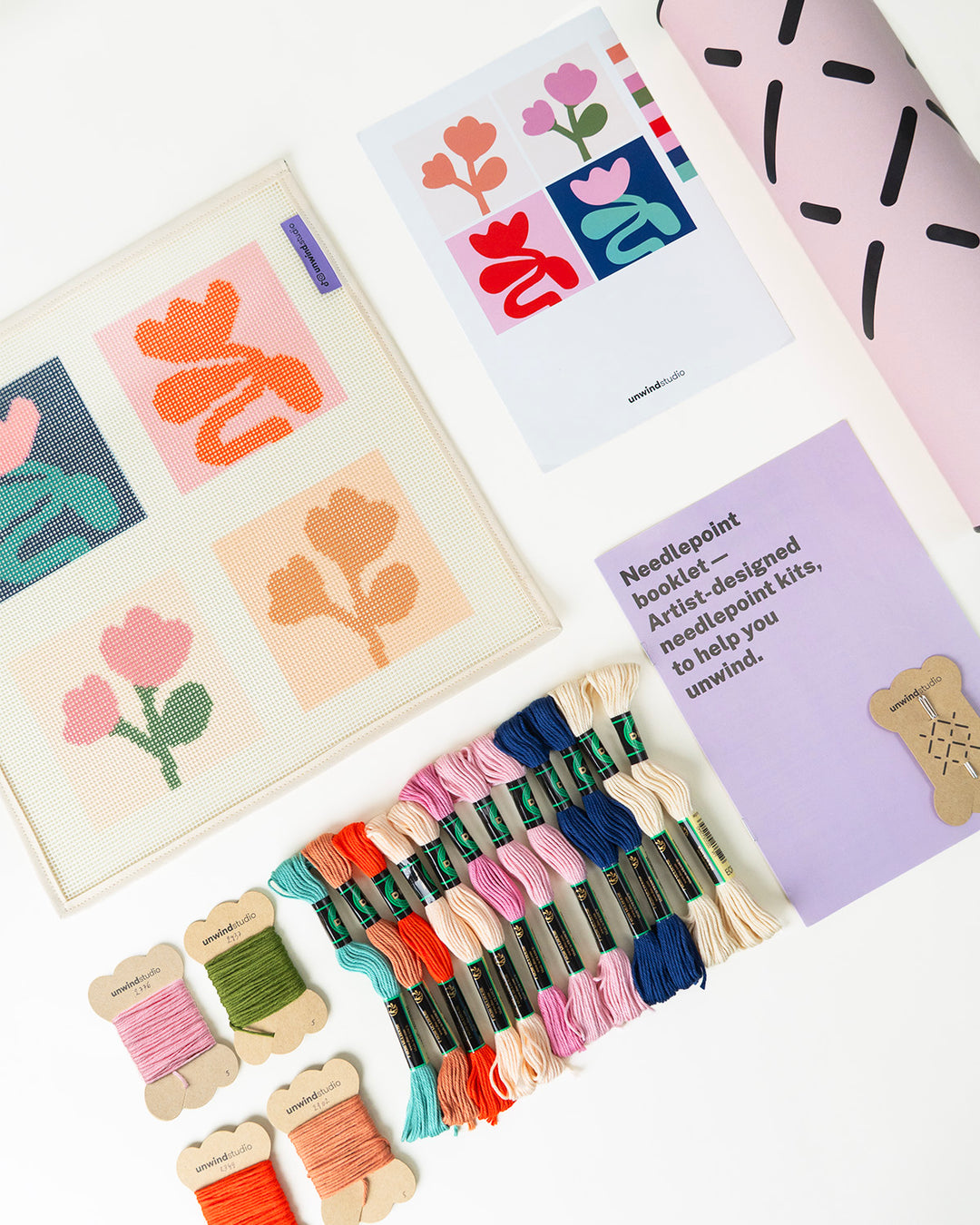 Set of our level 0 coasters- Canva, threads, needles, booklet, flyer and packaging