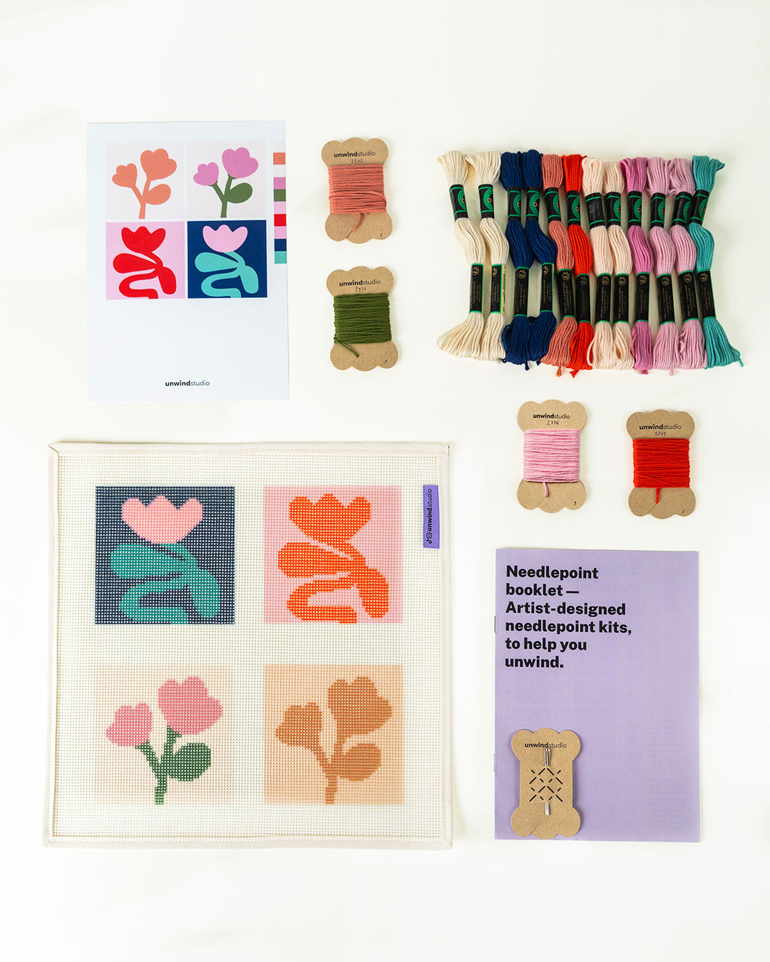 Set of our level 0 coasters- Canva, threads, needles, booklet and flyer