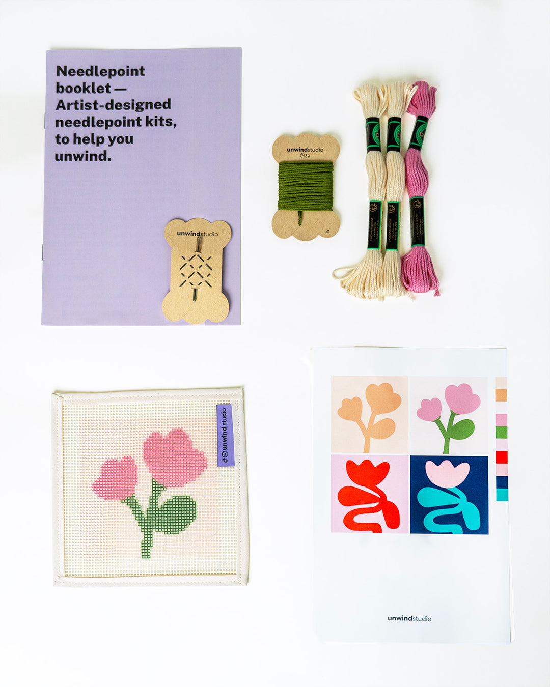 Green and Pink Flower Sisters Coasters_ canvas and threads, flyer, needles, booklet