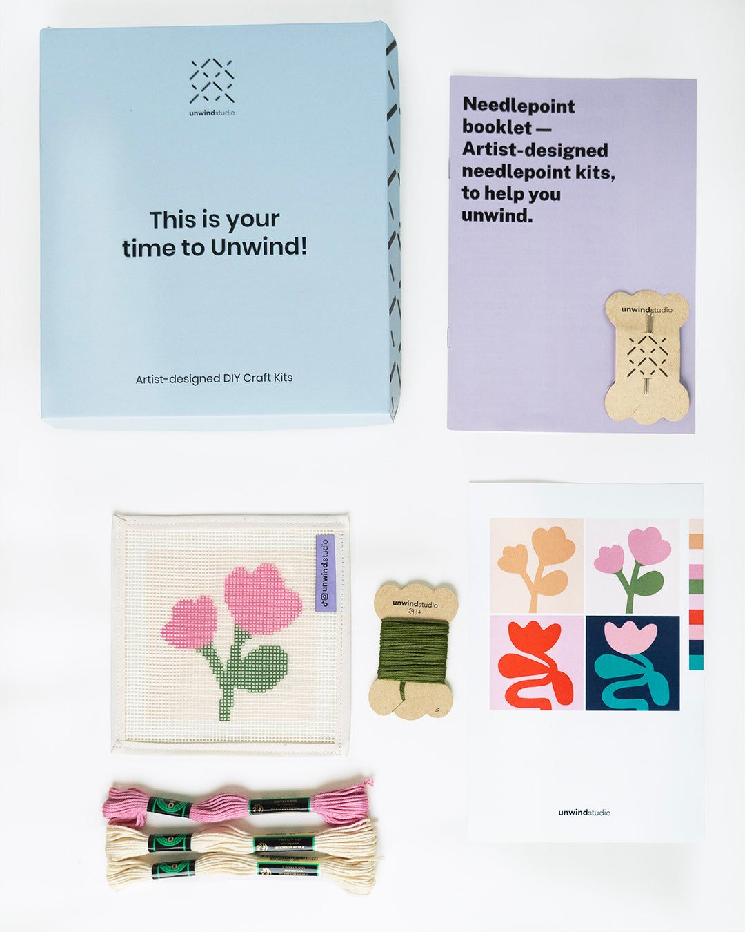 Green and Pink Flower Sisters Coasters_ canvas and threads, flyer, needles, booklet and packaging