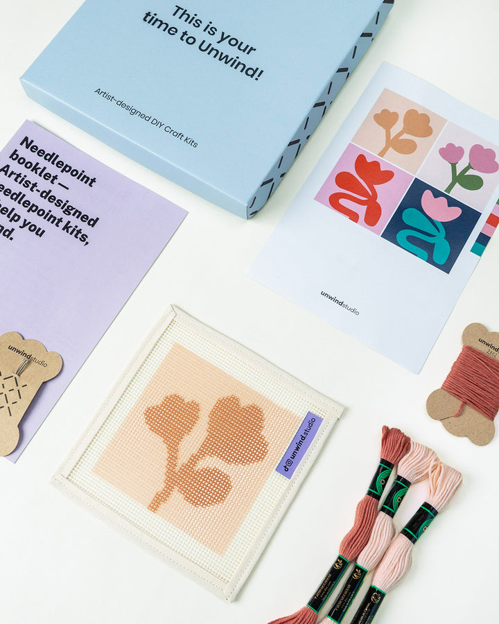 Beige Flower Sisters Coasters_ canvas and threads, flyer, needles, booklet and packaging