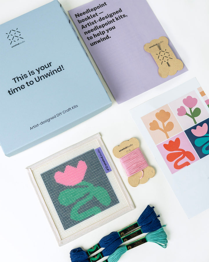 Blue, green and pink Level 0 Petals Coasters- Canvas and threads, needles, flyer, booklet, needles and packaging