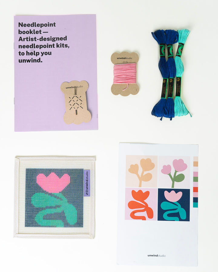 Blue, green and pink Level 0 Petals Coasters- Canvas and threads, needles, flyer, booklet and needles