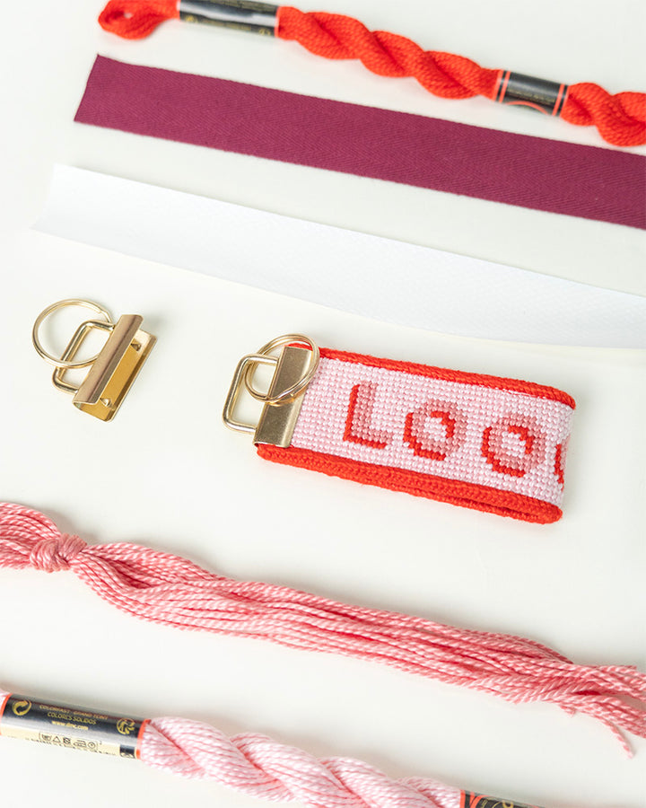 Loooove Needlepoint Starter Kit Keyfob- Finished Project for demonstration, threads and finishing materials