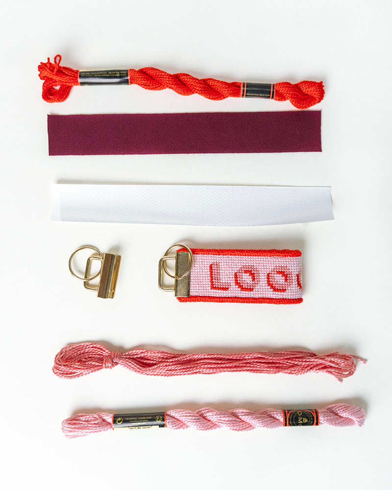 Loooove Needlepoint Starter Kit Keyfob- Finished Project for demonstration, threads and finishing materials