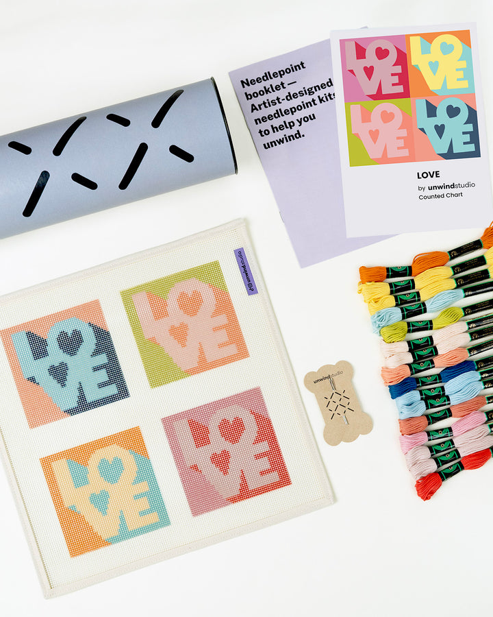 Set of four of our LOVE Coasters- Canva, threads, needles, booklet, flyer and  packaging.
