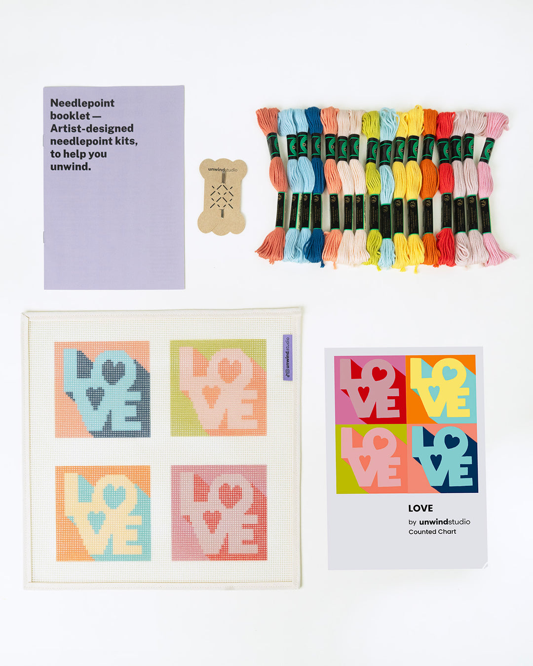 Set of four of our LOVE Coasters- Canva, threads, needles, booklet and flyer