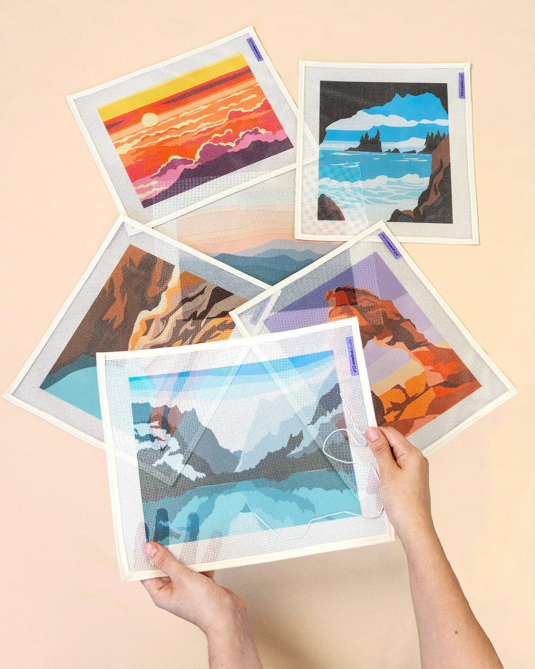 6 needlepoint canvases, each one with an amercian national park design. One of the canvases is being held by two hands as it's being stitched. Its as a embroidery needle with a thread going trough it