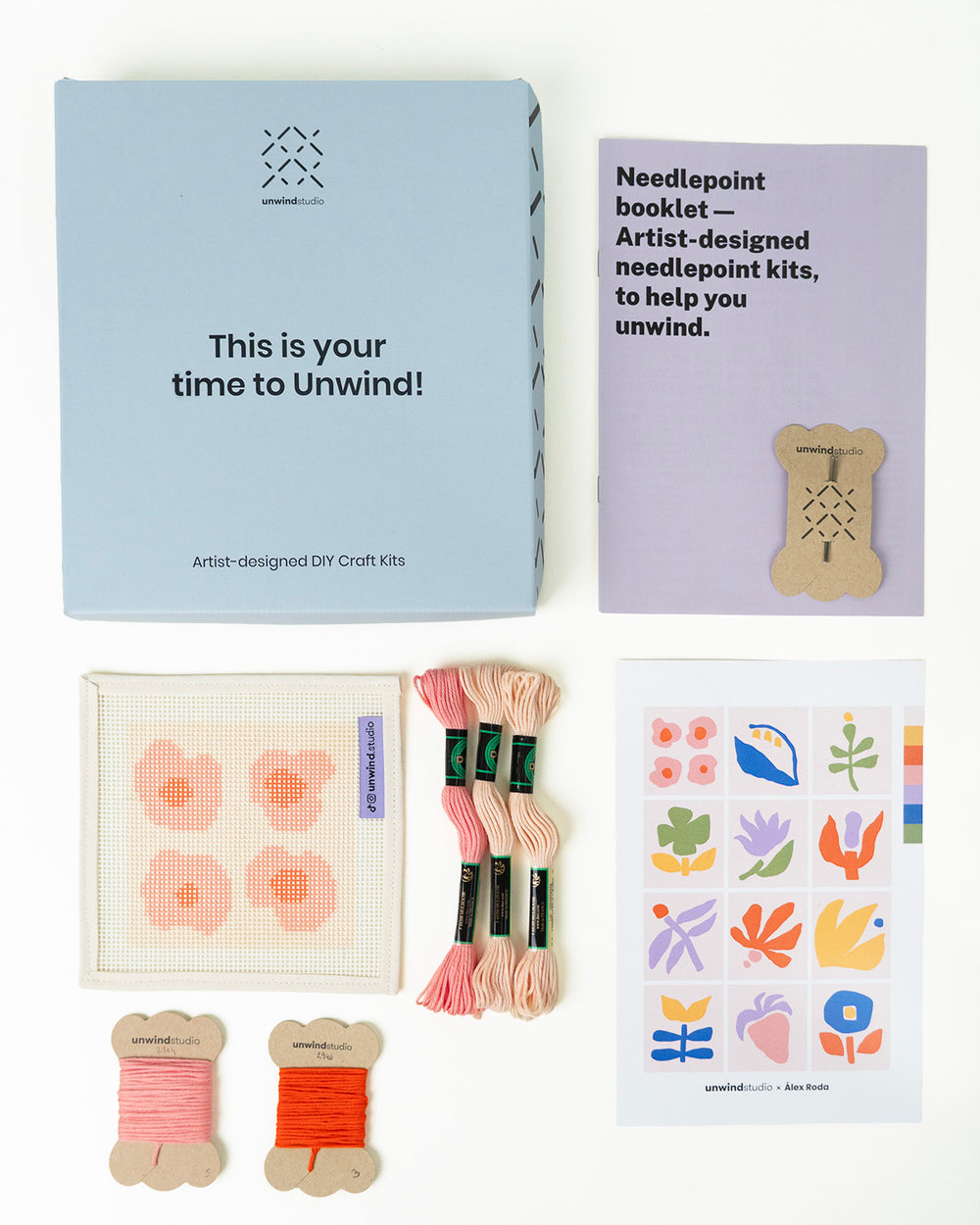 Poppy Puffs Coaster- canva, threads, needles, booklet, flyer and packaging