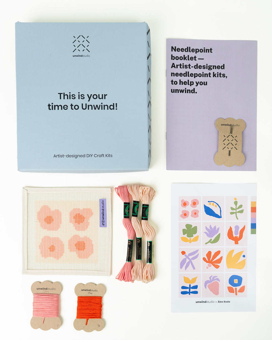 Poppy Puffs Coaster- canva, threads, needles, booklet, flyer and packaging
