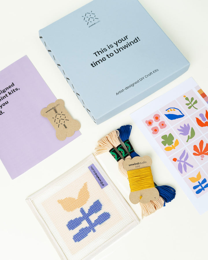 Sun Drift Coaster- Canva, threads, flyer, needles, booklet and packaging