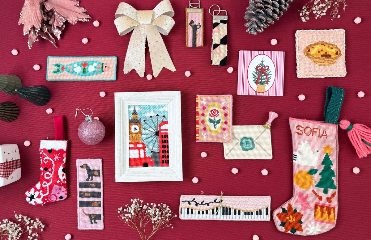 Modern needlepoint kits by Unwind Studio, ready to give as Christmas gifts