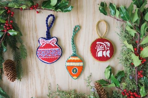 Needlepoint Christmas ornaments by Unwind Studio