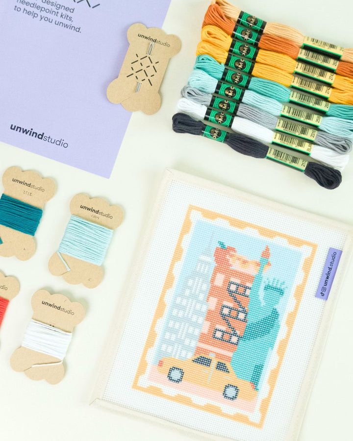 needlepoint kit with completed design, threads, and packaging on a white background