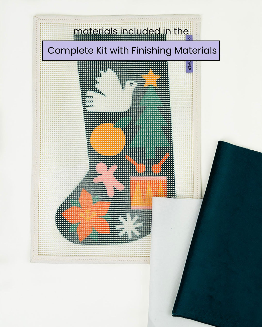 Mini Christmas Stocking Needlepoint Kit - Folk Pattern (Dark Green)