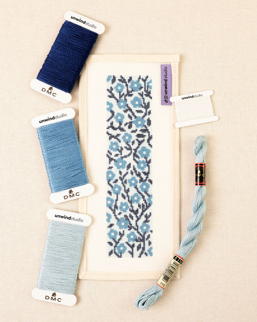 Anne needlepoint floral bookmark canvas in blue tones with matching threads.