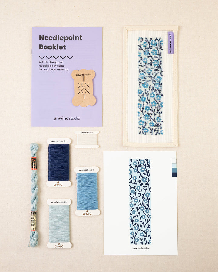 Anne needlepoint floral bookmark full kit with booklet, needles, threads and graphic flyer