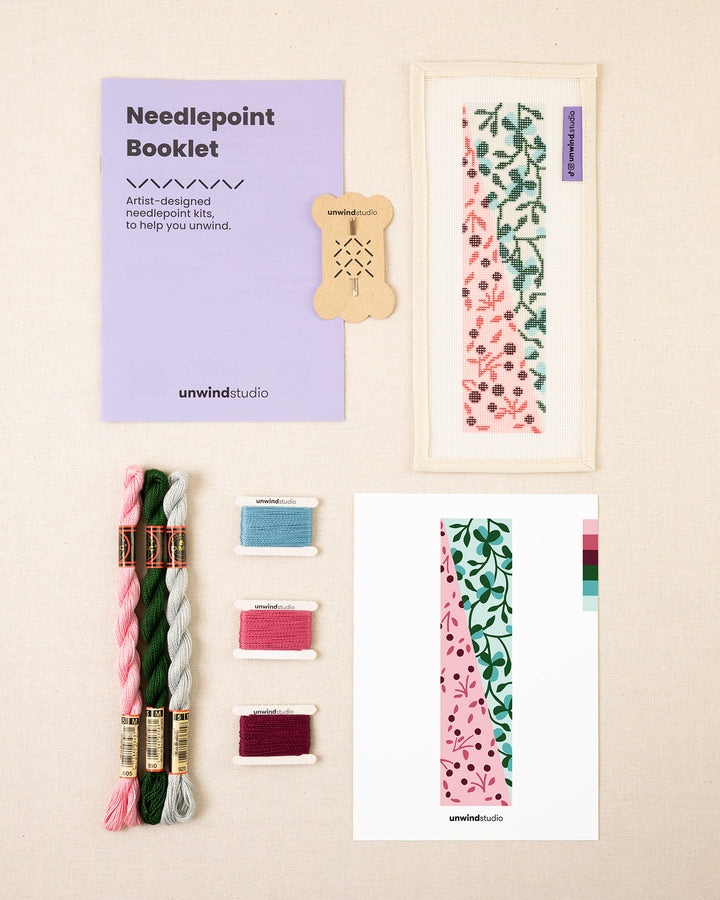 Elinor needlepoint bookmark full kit with booklet, needles, threads and graphic flyer