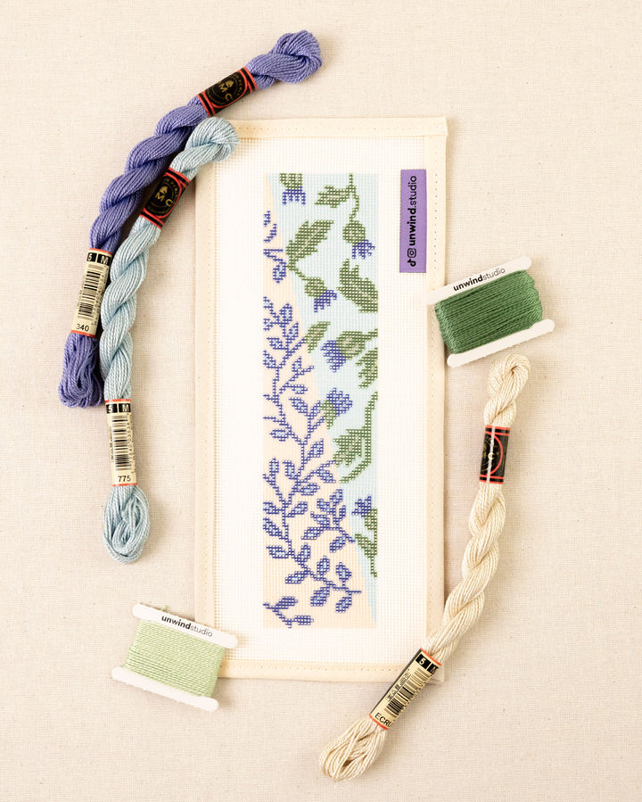 Elizabeth needlepoint bookmark with a diagonal floral pattern in lilac, blue and green tones