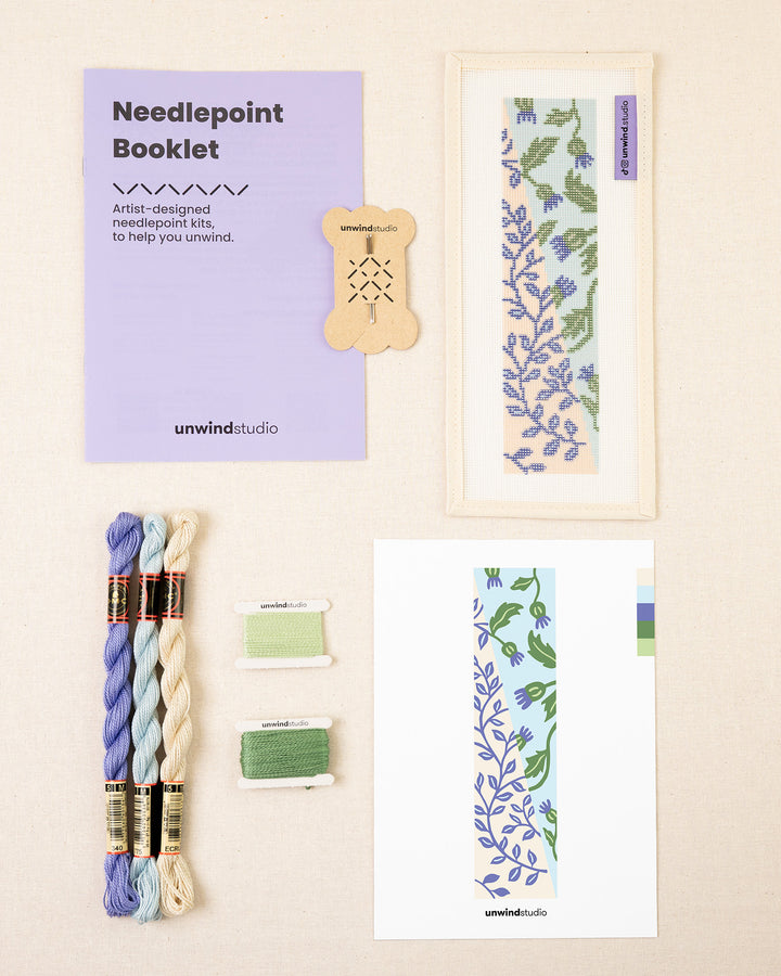Elizabeth needlepoint bookmark full kit with booklet, printed canvas, threads, needles and graphic flyer