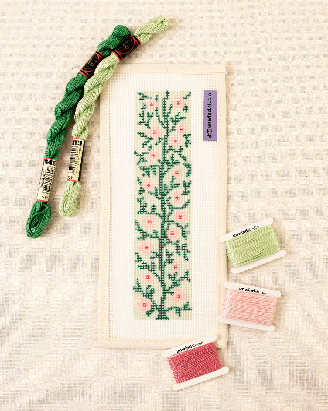 Emma needlepoint floral bookmark canvas in pink and green tones with matching threads