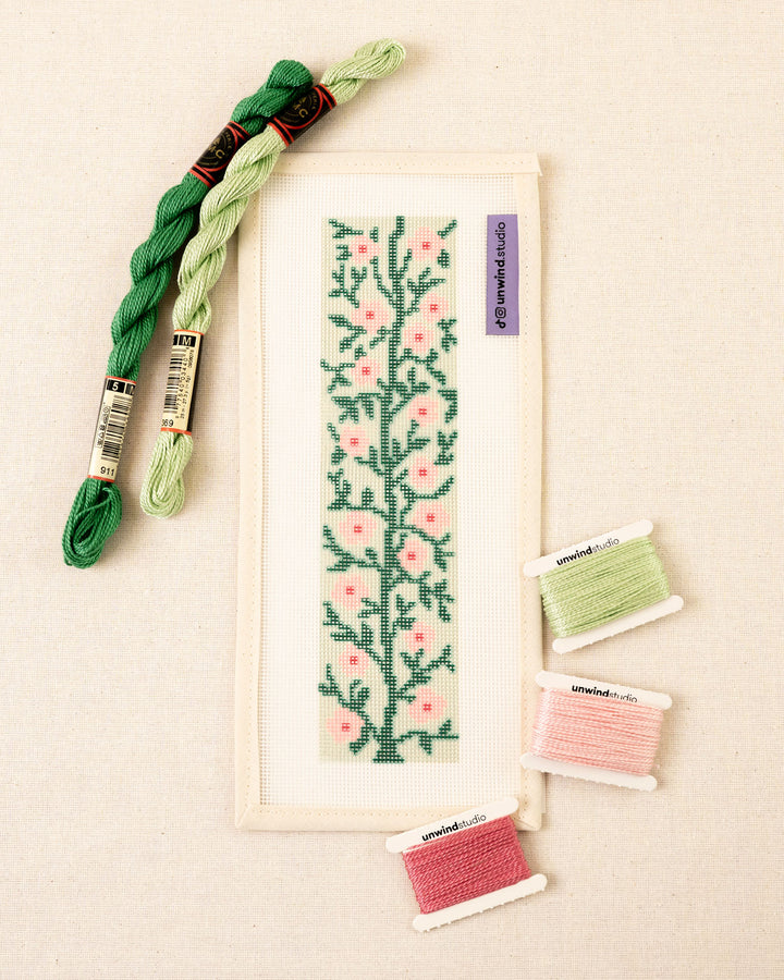 Emma needlepoint floral bookmark canvas in pink and green tones with matching threads