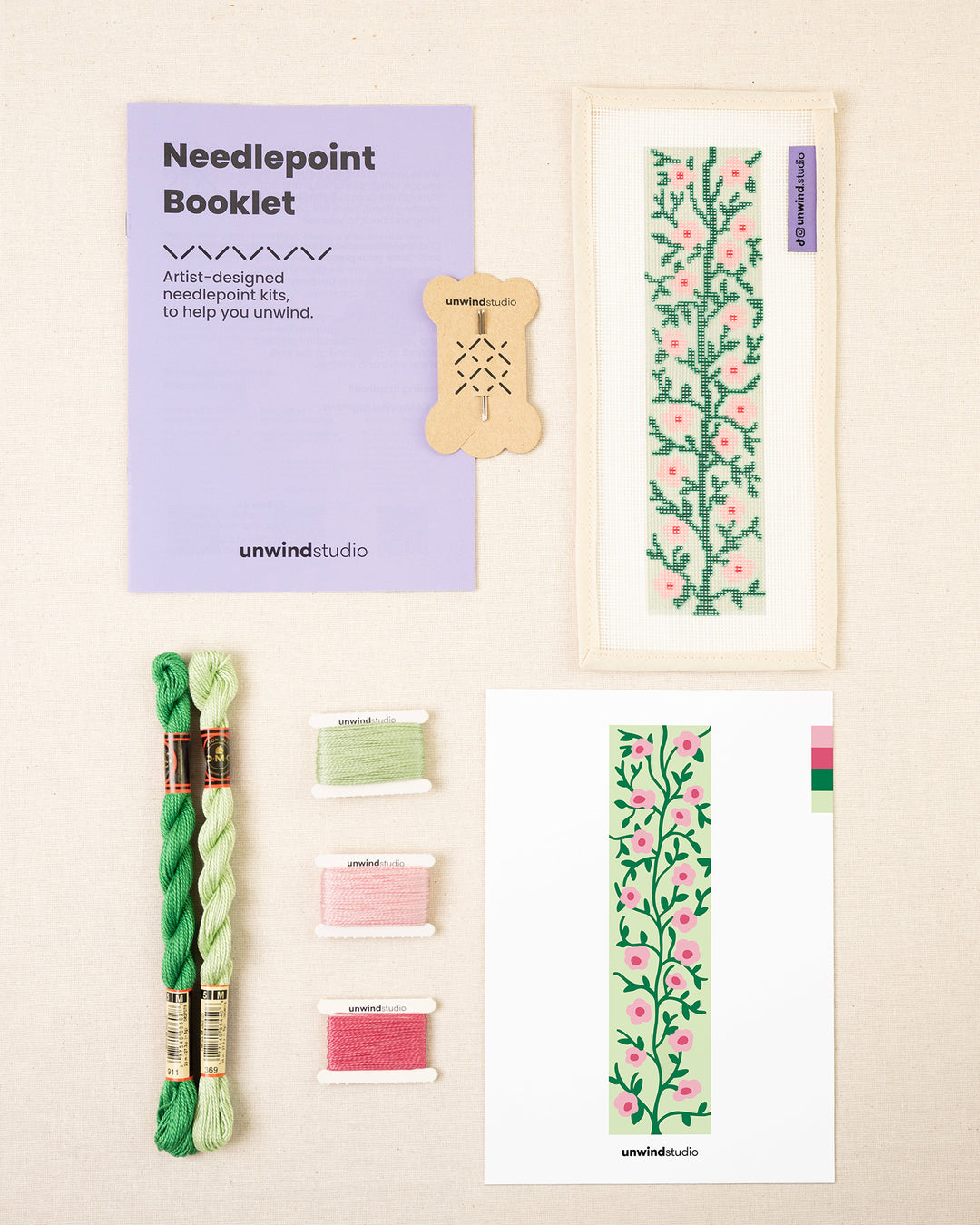 Emma needlepoint floral bookmark full kit with booklet, printed canvas, matching threads, needles, graphic flyer