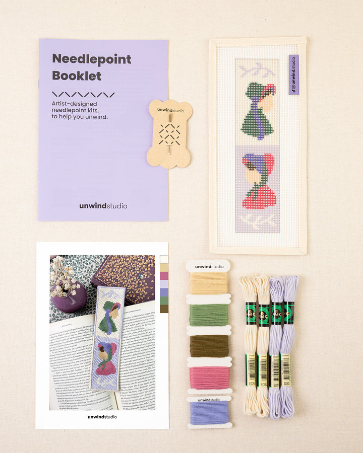 sense and sensibility neeedlepoint bookmark full kit with booklet, needles, threads, printed canvas and graphic flyer