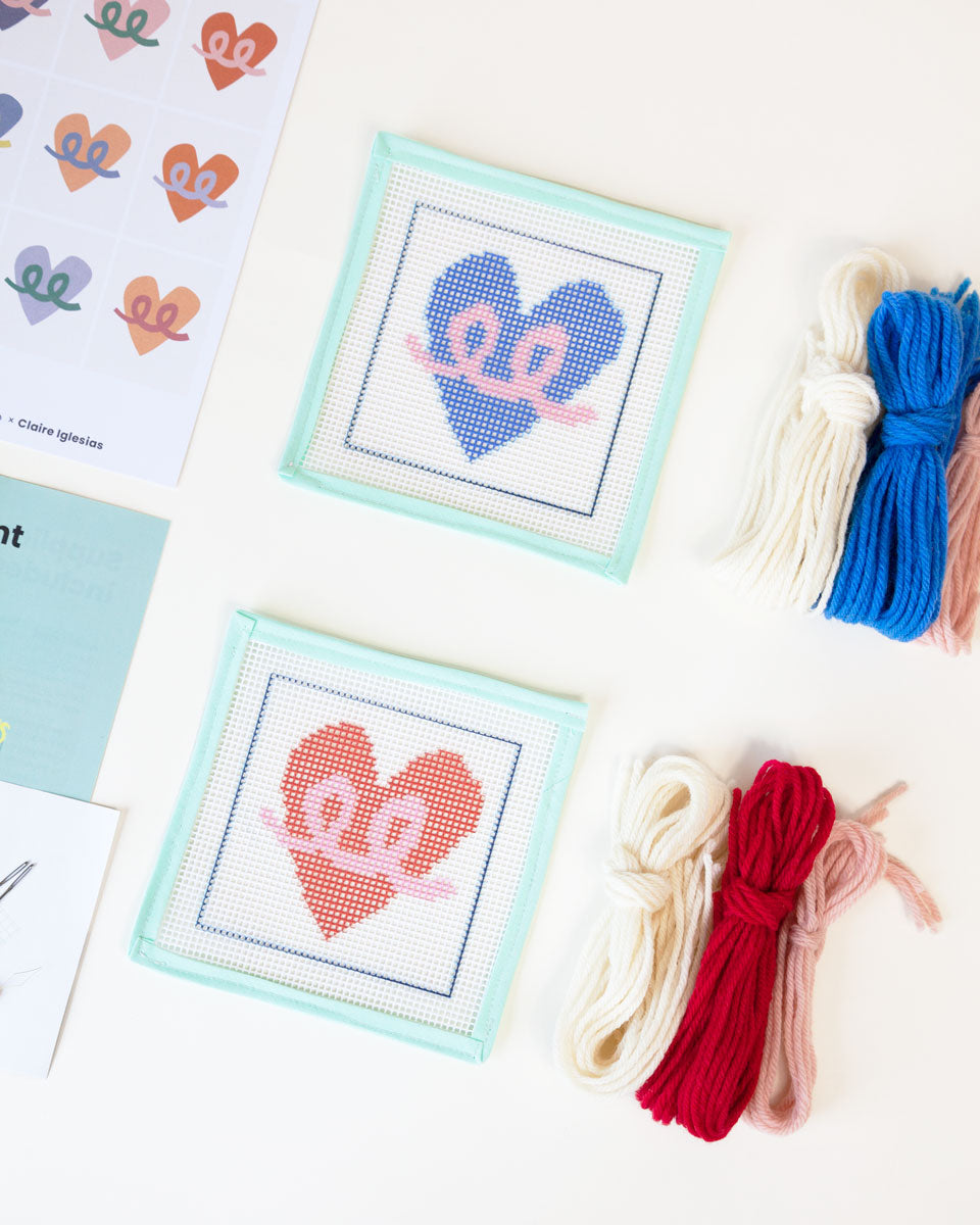 Love Party Needlepoint Kit Illustration with Blue heart. Create a patch craft for kits. Needlepoint patch kit!