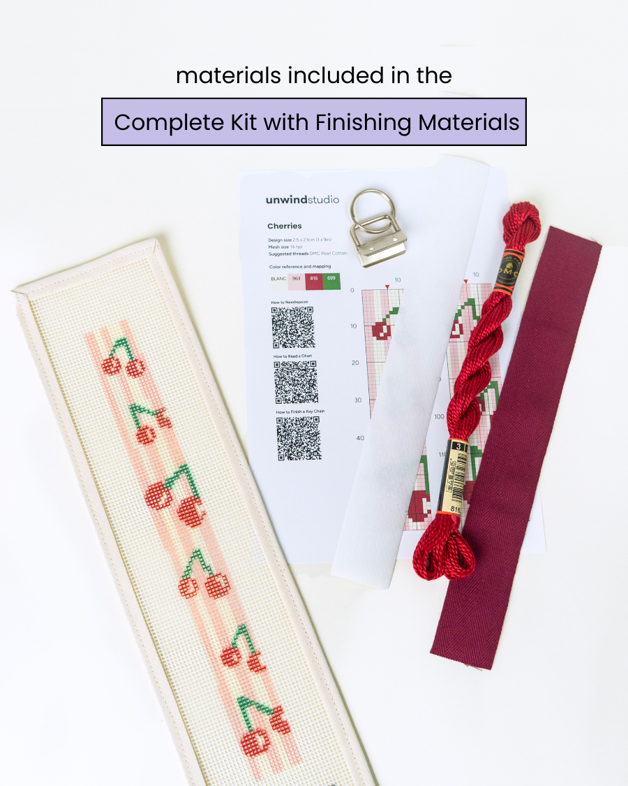Cherries key fob needlepoint canvas paired with the matching finishing materials
