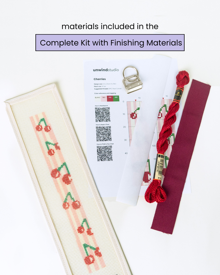Cherries key fob needlepoint canvas paired with the matching finishing materials