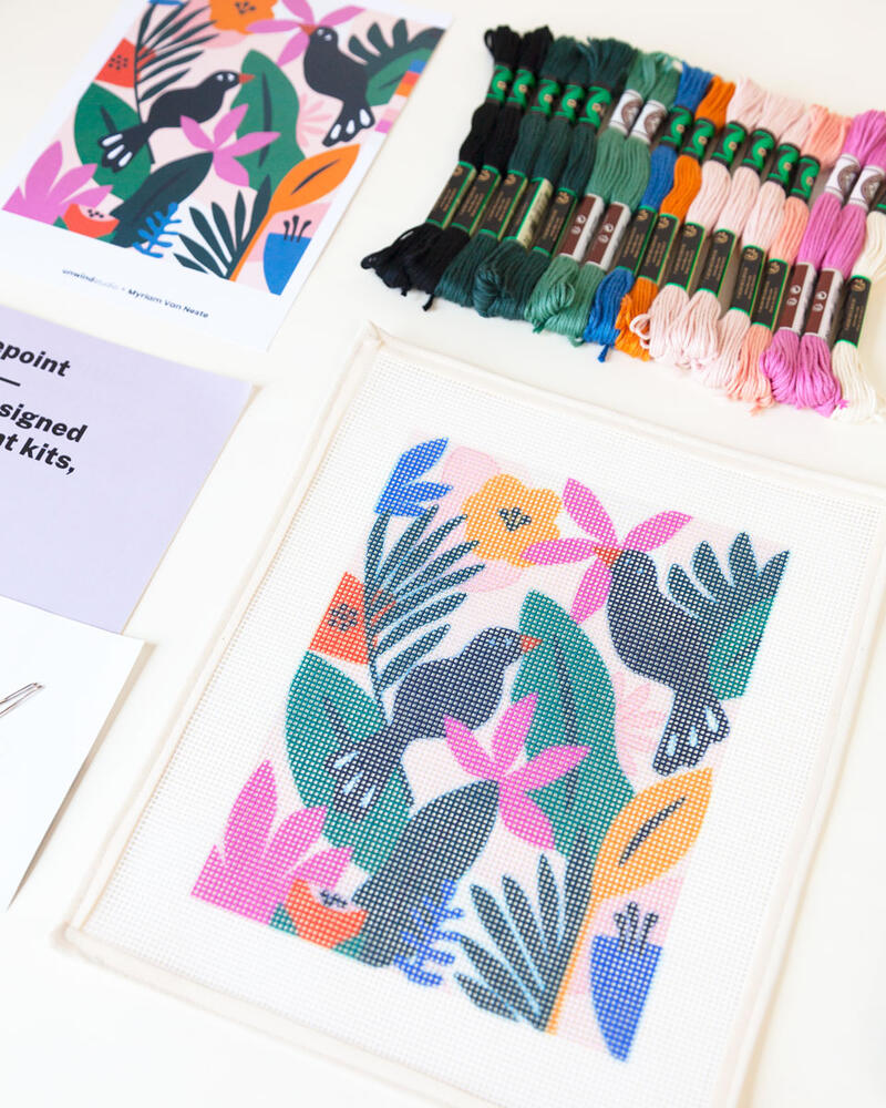 Beautiful Birds in Jungle design modern needlepoint kit by Unwind Studio and Myriam Van Neste