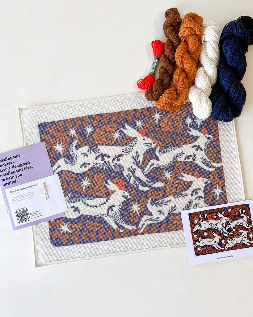 Hares running in the Night Needlepoint Cushion Kit by Unwind Studio