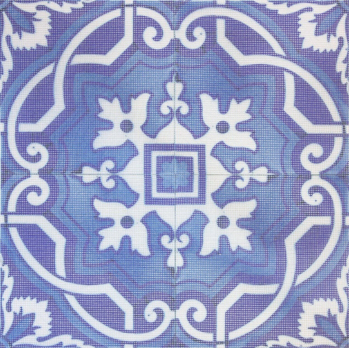 Beautiful blue and white needlepoint cushion design of a Portuguese Tile pattern by Unwind Studio