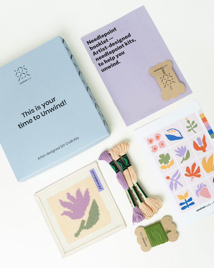Evening Bloom coaster- canva and threads. flyer, needles, booklet and packaging
