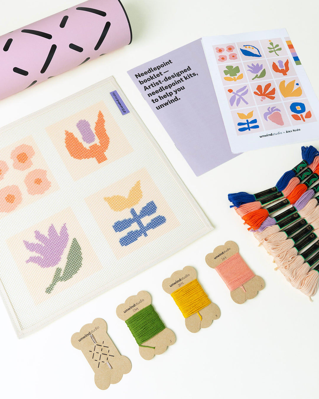 Set of our Coaster Flowers: Canva and threads, needles, booklet, flyer and packaging 