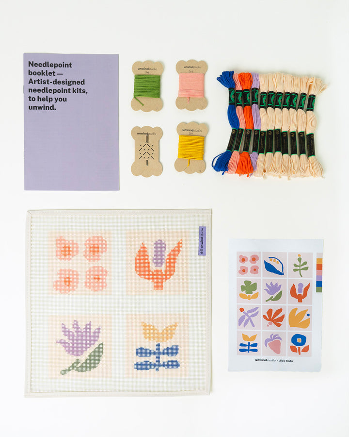 Set of our Coaster Flowers: Canva and threads, needles, booklet and flyer  packaging 