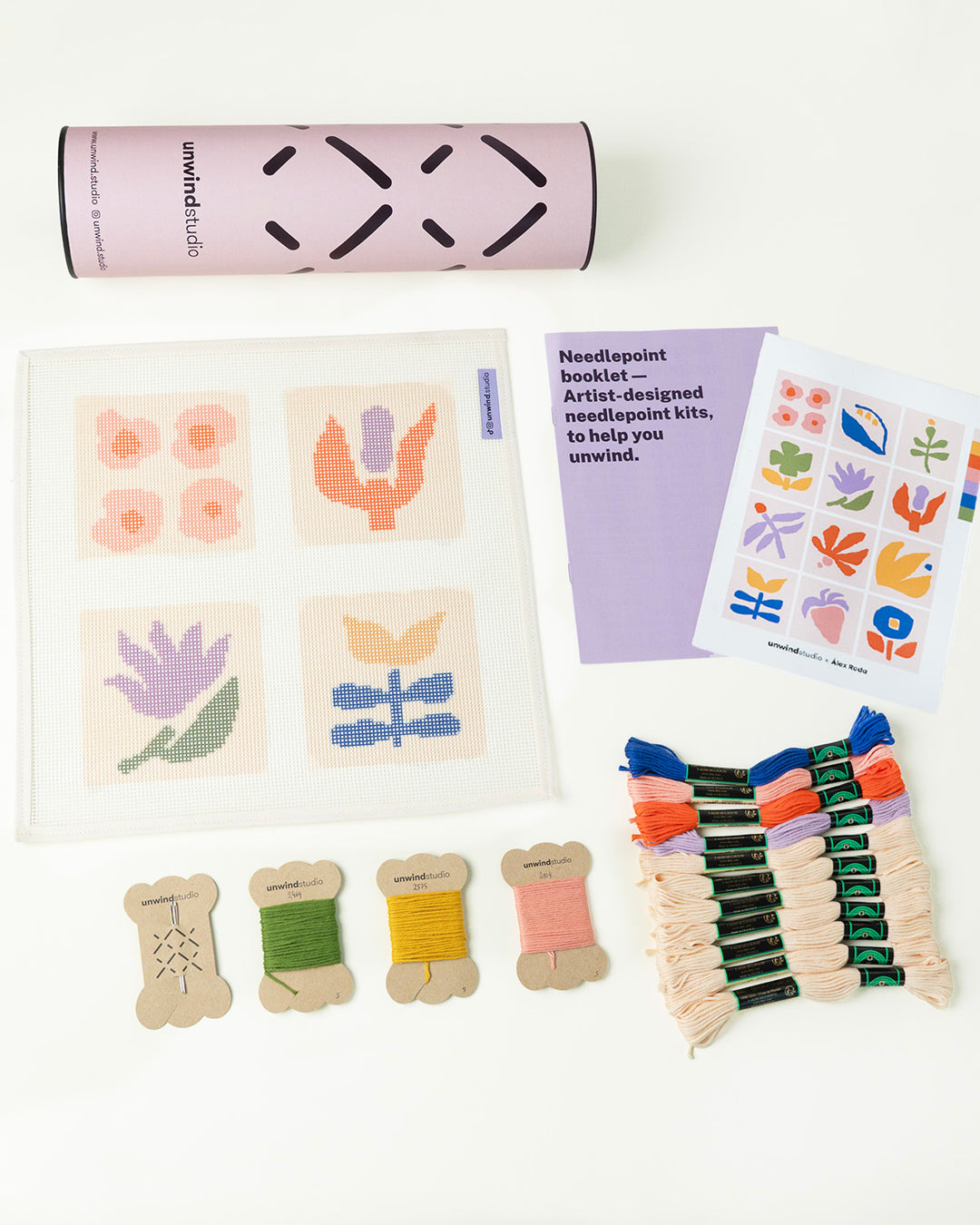 Set of our Coaster Flowers: Canva and threads, needles, booklet, flyer and packaging 