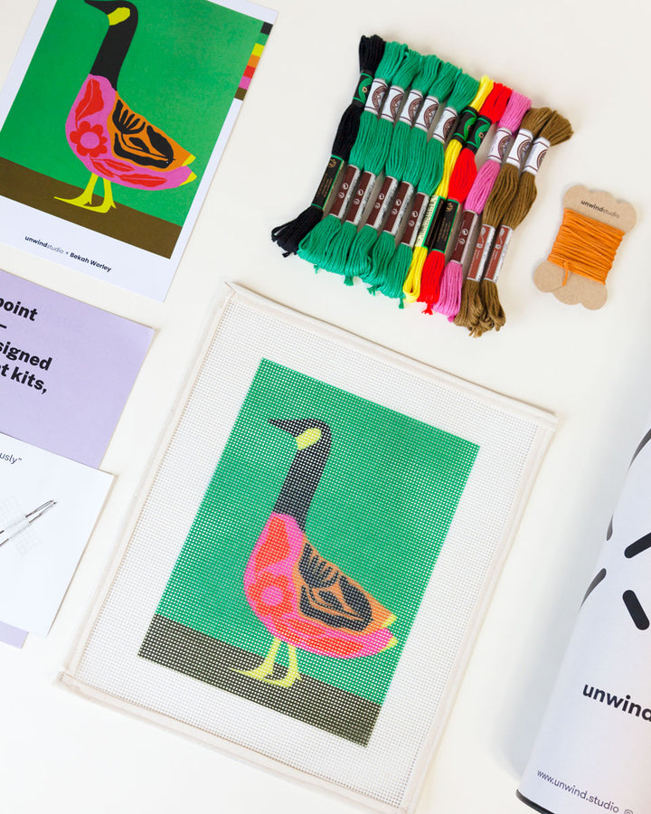 Folk Goose design for needlepoint kit by Unwind Studio in collaboration with Bekah Worley