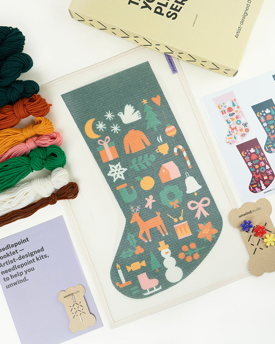 Folk Christmas Stocking Needlepoint Kit (Dark Green)